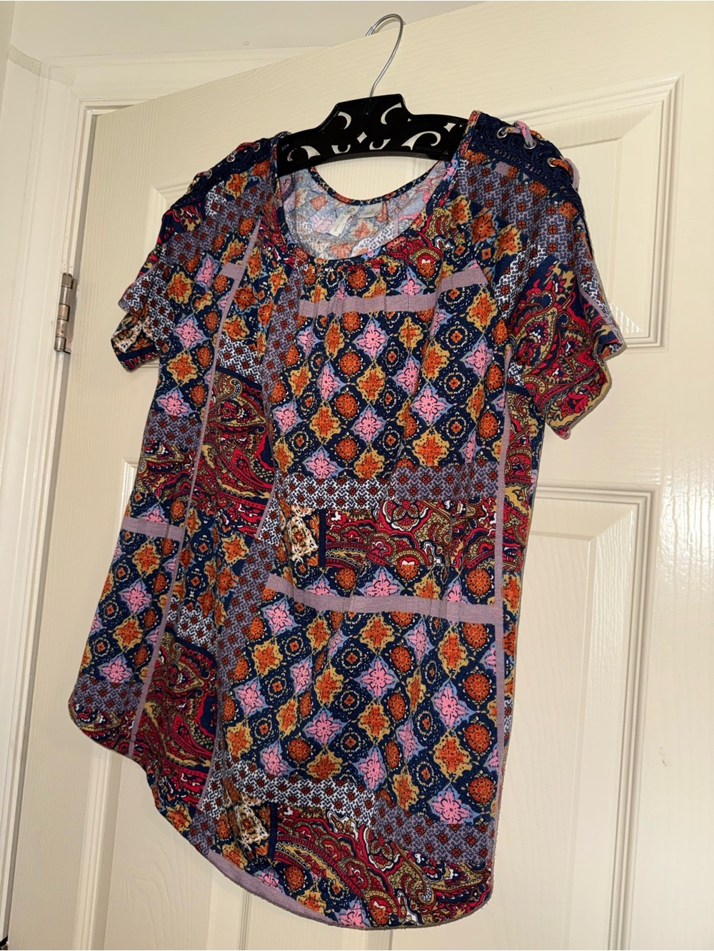Cato Multicolor Patchwork Paisley Short Sleeve Top - Navy, Pink, Orange